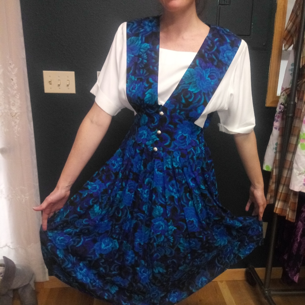 VTG 80s Floral Print Blouse/Vest Pleated Dress